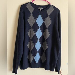 Apt 9 Pullover Sweater Men's Argyle Navy Blue 100% Merino Wool Size L